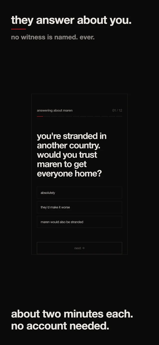 App Store screen 2: they answer about you. No witness is named, ever. A question about maren: you are stranded in another country, would you trust maren to get everyone home? About two minutes each. No account needed.