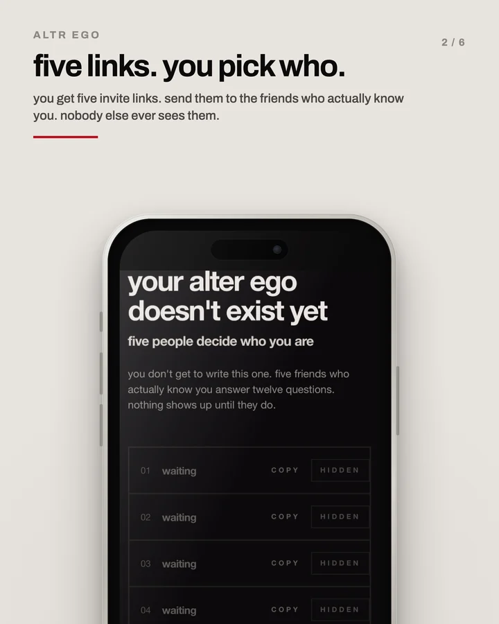 Slide 2 of 6: five links. you pick who. You send the five invite links to the friends who actually know you. On the phone: your alter ego doesn&rsquo;t exist yet, five people decide who you are, and the invites, each marked waiting and hidden.