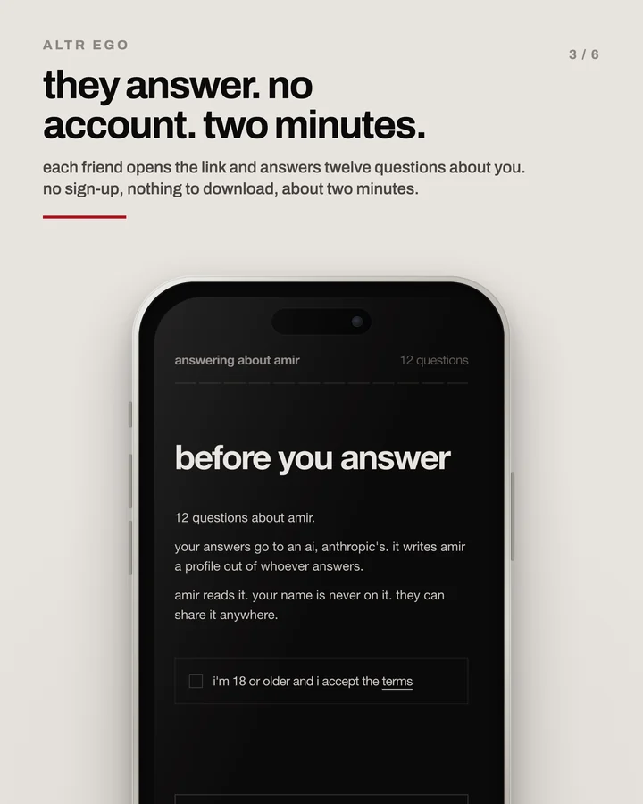 Slide 3 of 6: they answer. no account. two minutes. On the phone, the first screen a friend sees: before you answer, 12 questions about amir. Their answers go to an AI, Anthropic&rsquo;s, which writes the profile, and their name is never on it.